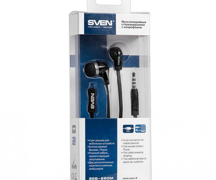 Наушники Sven SEB-260M Black, Mini jack (3.5 мм), вакуумные, микрофон на проводе, кабель 1.2 м