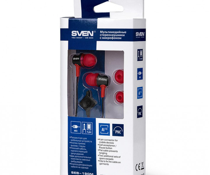Наушники Sven SEB-190M Black/Red, Mini jack (3.5 мм) 4pin, вакуумные, микрофон, кабель 1.2 м