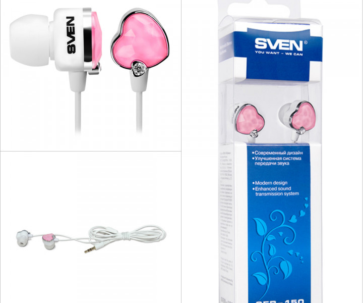 Наушники Sven SEB-150 (GD-1500) Glamour White/Pink, Mini jack (3.5 мм), вакуумные, кабель 1.2 м