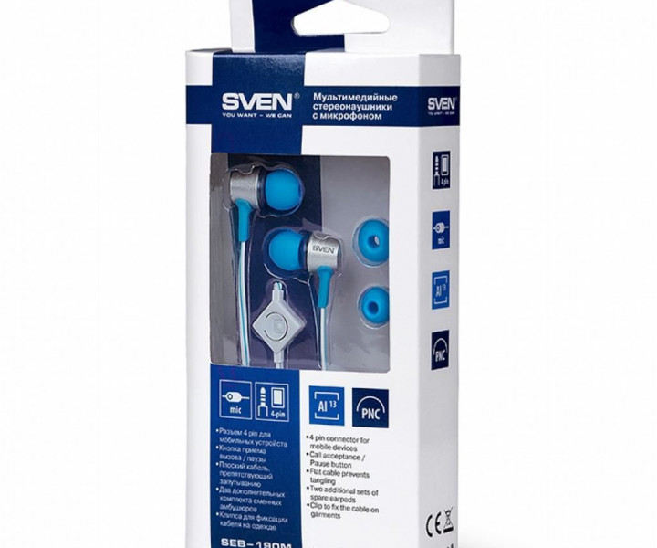 Наушники Sven SEB-190M Silver/Blue, Mini jack (3.5 мм) 4pin, вакуумные, микрофон на проводе, кабель 