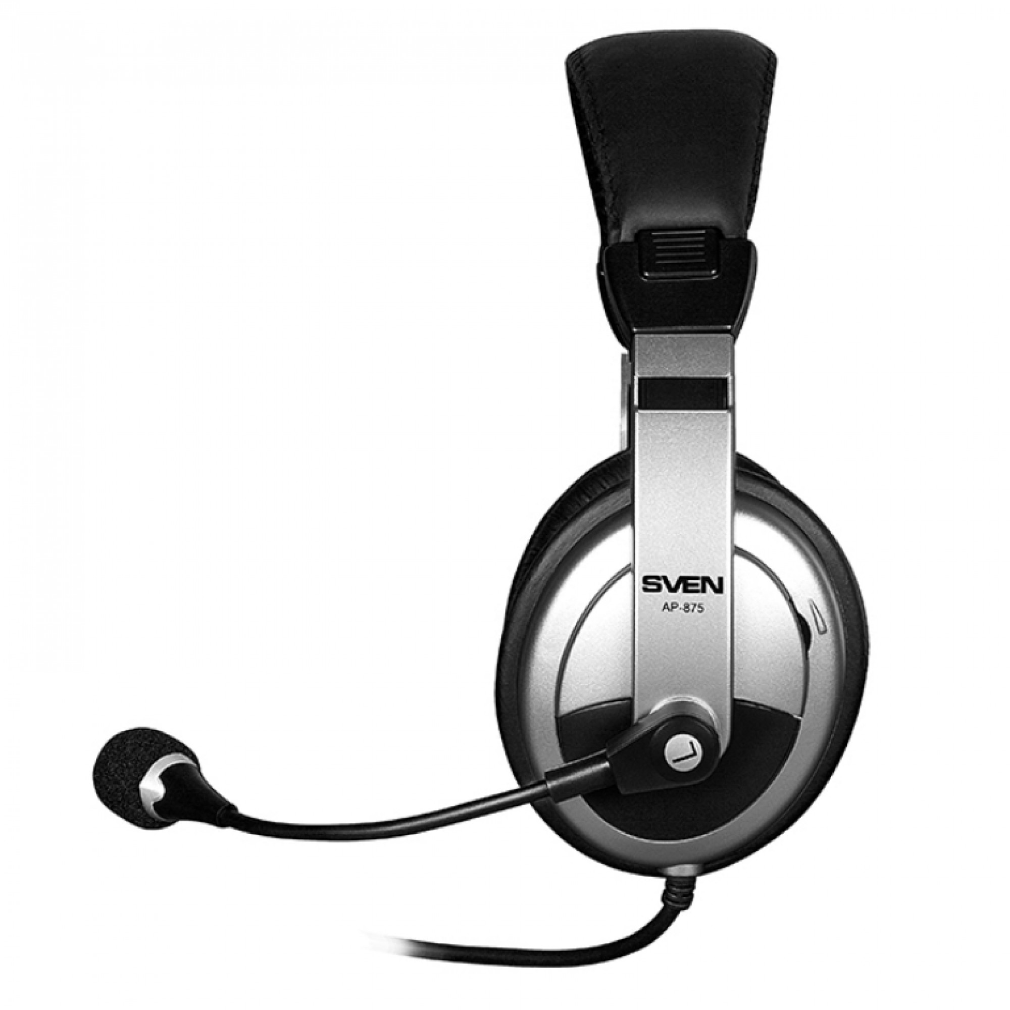Гарнитура Sven AP-875 Black/Silver, 2 x Mini jack (3.5 мм), накладные, поворотный микрофон, кабель 2