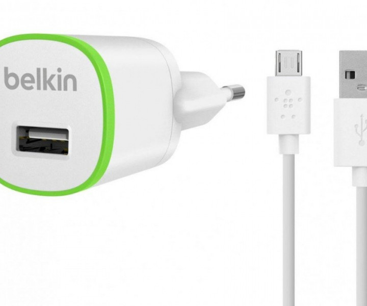 Зарядное устройство Belkin USB Micro Charger (220V + microUSB сable, USB 1Amp), Белое