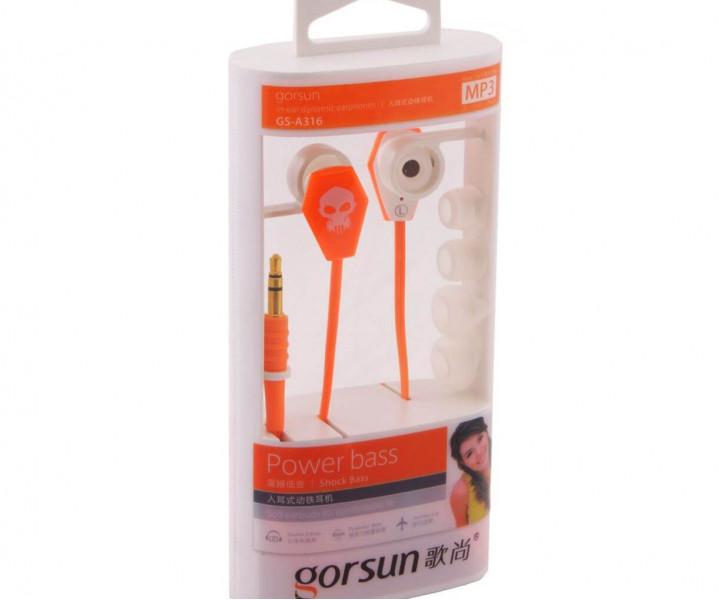 Наушники Gorsun GS-A316 Orange, Mini jack (3.5 мм), вакуумные, две пары амбушюр, кабель 1.2 м