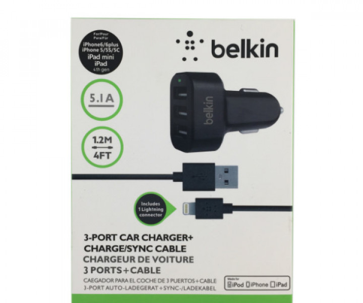 АЗУ Belkin 25 Watt/5.1A 3USB +Lightning cable Black