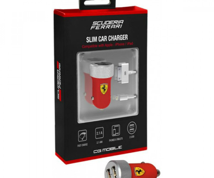 АЗУ Ferrari 2.1A 2USB +Lightning/30-pin cable Red